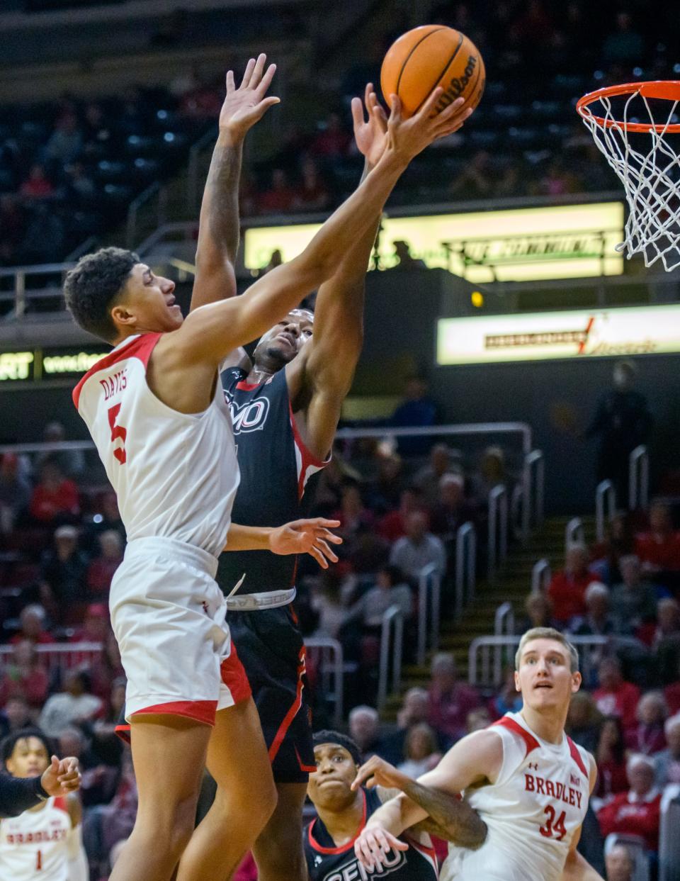 Bradley's Christian Davis (5) moves to the basket against SEMO in the second half Saturday, Nov. 19, 2022 at Carver Arena.