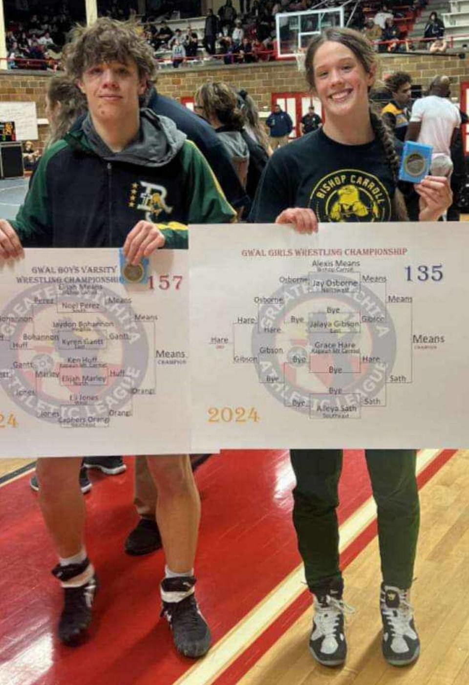 Elijah (left) and Alexis (right) Means are juniors on the Bishop Carroll wrestling team who both won gold medals at the recent City League tournament. Carl Means/Courtesy