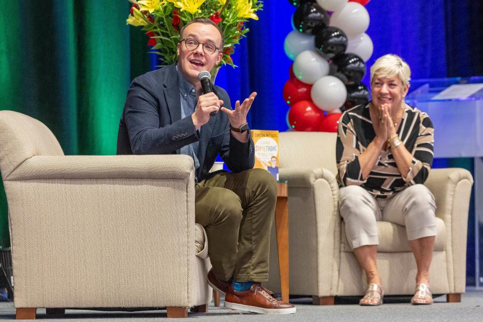 Chasten Glezman Buttigieg, author of the book "I Have Something to Tell You - For Young Adults" answers questions from the audience as  Sara Cunningham, Free Mom Hugs founder, watches on during the Free Mom Hugs Conference on Fridayat the Oklahoma City Convention Center. Chasten is a teacher and husband of U.S. Secretary of Transportation Pete Buttigieg.
(Credit: Alonzo Adams, Alonzo Adams for The Oklahoman)