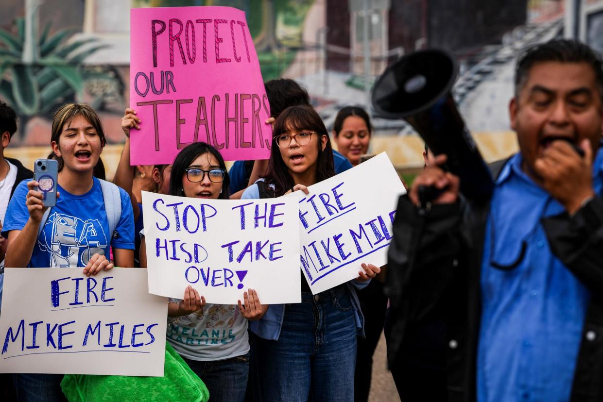 <span>Eastwood Academy students protest against the removal of school staff and against district superintendent Mike Miles in Houston on 26 October 2023.</span><span>Photograph: Jon Shapley/Houston Chronicle via Getty Images</span>