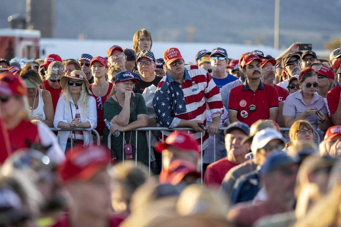 Republican supporters attend a rally Saturday for former President Donald Trump at the Minden Tahoe Airport, a few miles east of Lake Tahoe.