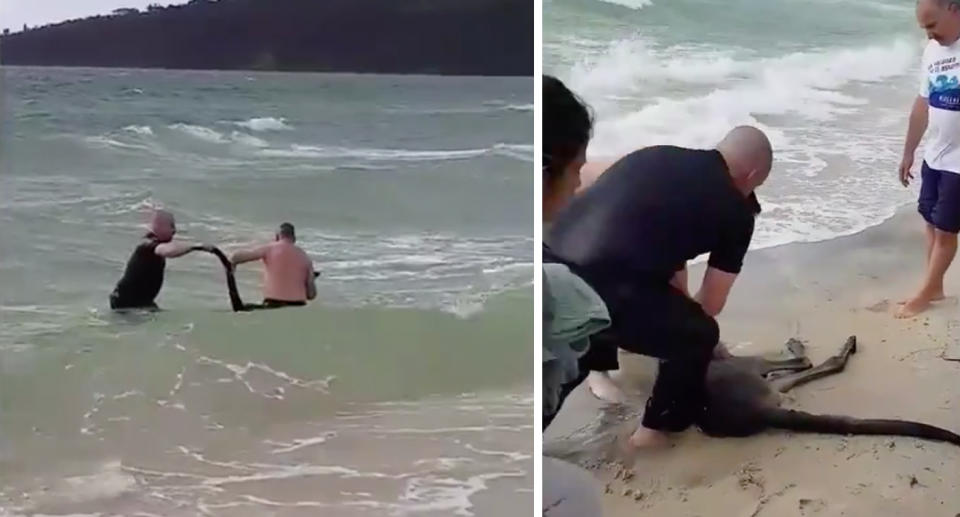 Police rushed into the water to retrieve the roo after its second dip took a bad turn. Source: Vic Police