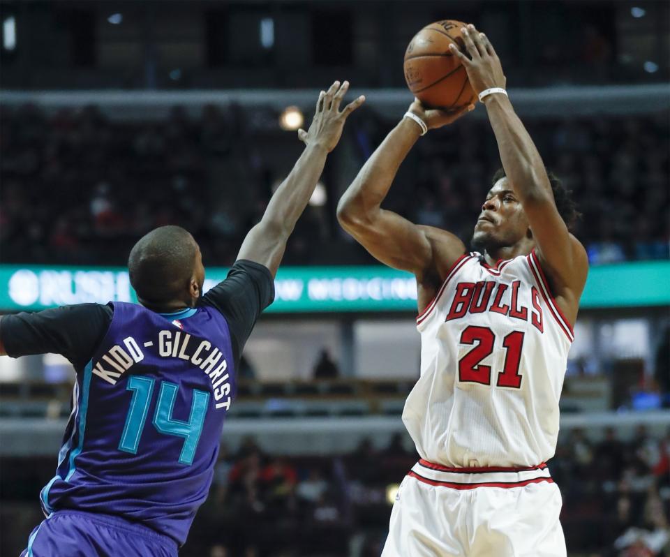 Jimmy Butler rose above the Hornets time and again on Monday. (AP)