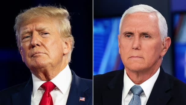 PHOTO: Former President Donald Trump speaks at the Conservative Political Action Conference (CPAC) at the Hilton Anatole on Aug. 06, 2022 in Dallas, Texas, and Mike Pence is seen at Fox News Channel Studios, Feb. 22, 2023 in New York City. (Brandon Bell and Dia Dipasupil/Getty Images, FILE)