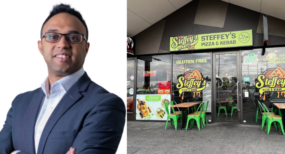 Adam Nichani next to Steffey's Pizza & Kebab restaurant 