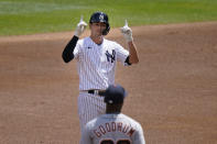 New York Yankees' Kyle Higashioka celebrates after his RBI-double during the second inning of a baseball game against the Detroit Tigers at Yankee Stadium, Sunday, May 2, 2021, in New York. (AP Photo/Seth Wenig)