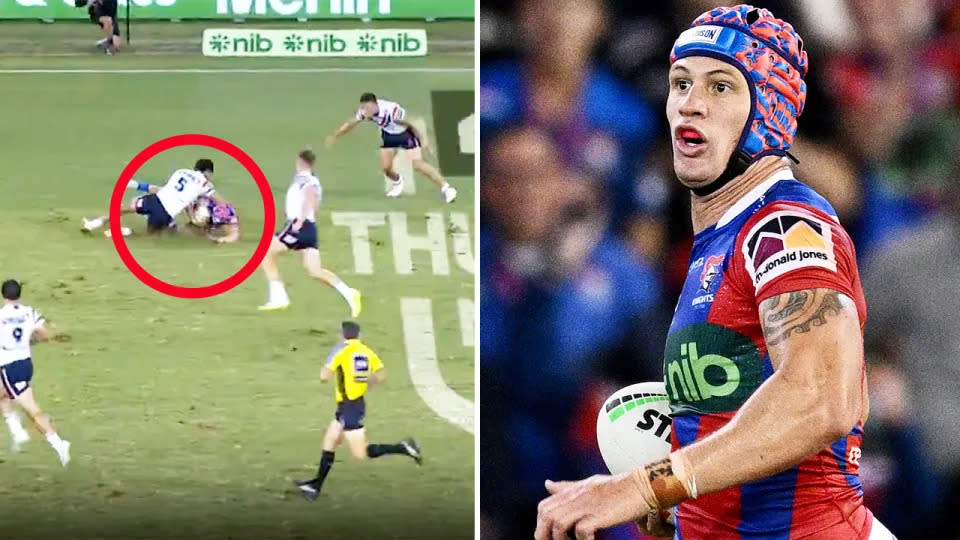 Pictured left is Newcastle captain Kalyn Ponga being tackled in a contentious late moment against the Roosters.