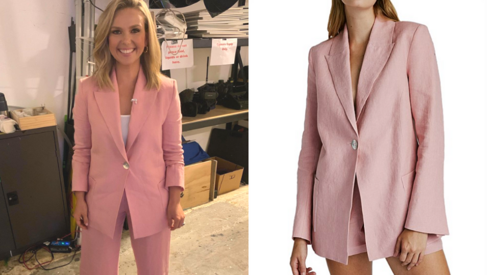 Edwina Bartholomew in a pink power suit