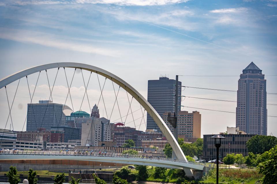 Riders roll into Des Moines during the RAGBRAI route inspection ride June 7.