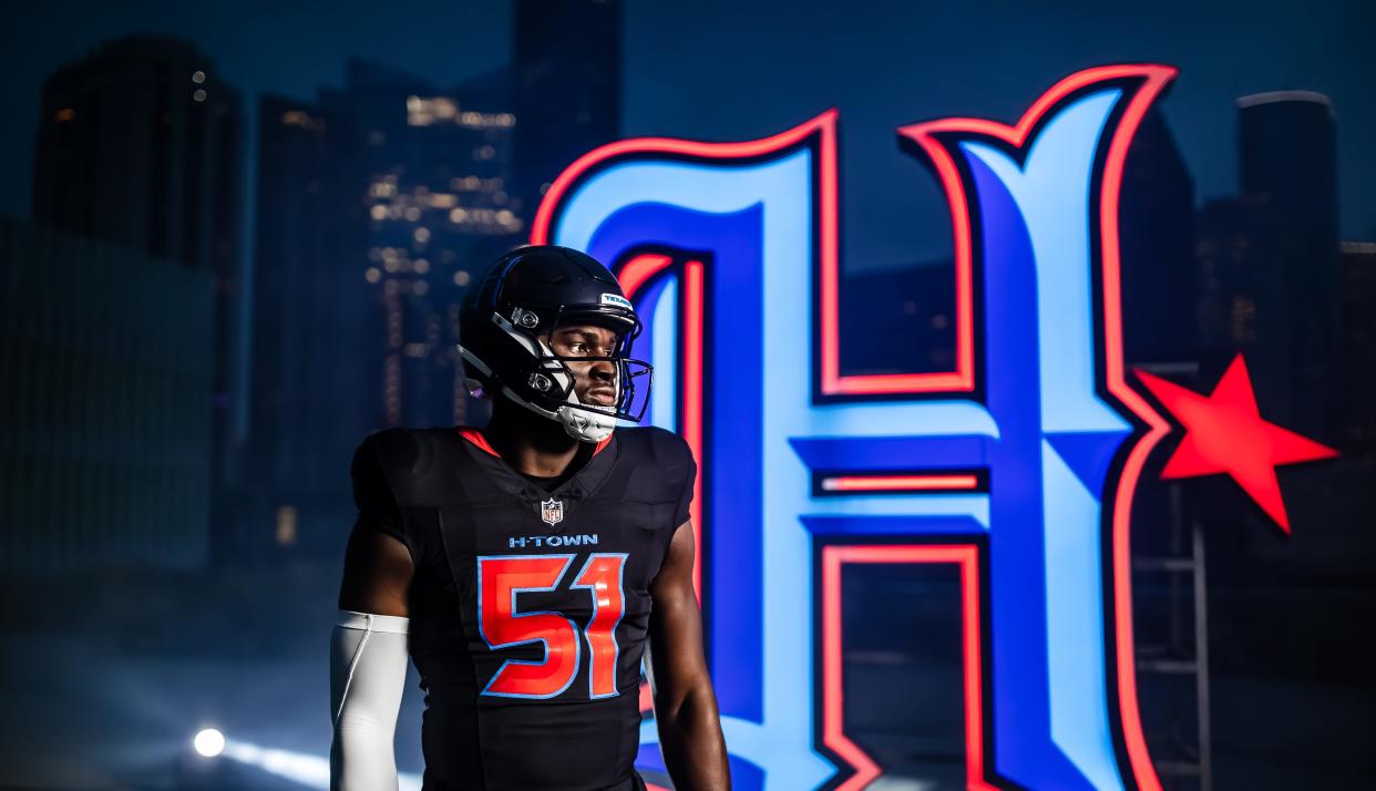 Texans DE Will Anderson Jr. shows off Houston's new Color Rush uniform.