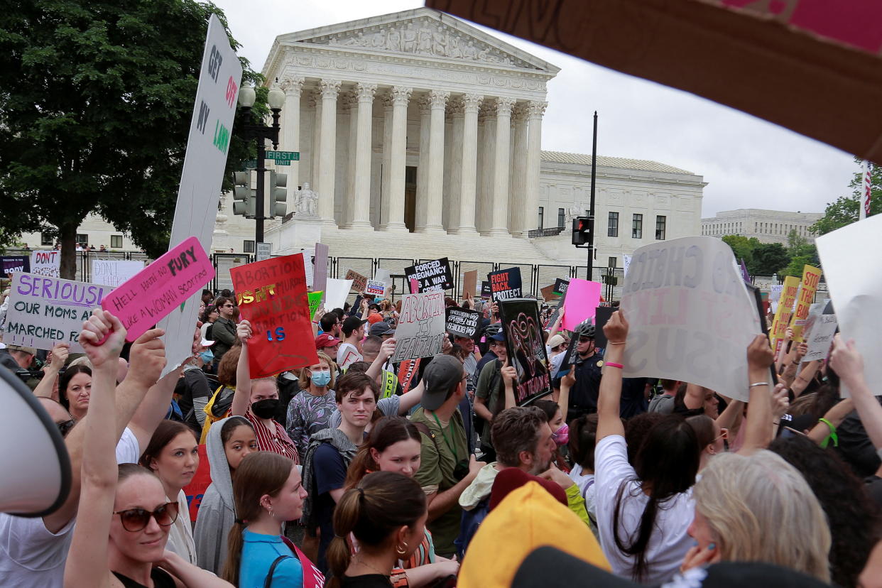 Abortion rights campaigners participate in a demonstration following the leaked Supreme Court opinion suggesting the possibility of overturning the Roe v. Wade abortion rights decision, in Washington, U.S., May 14, 2022. REUTERS/Amira Karaoud