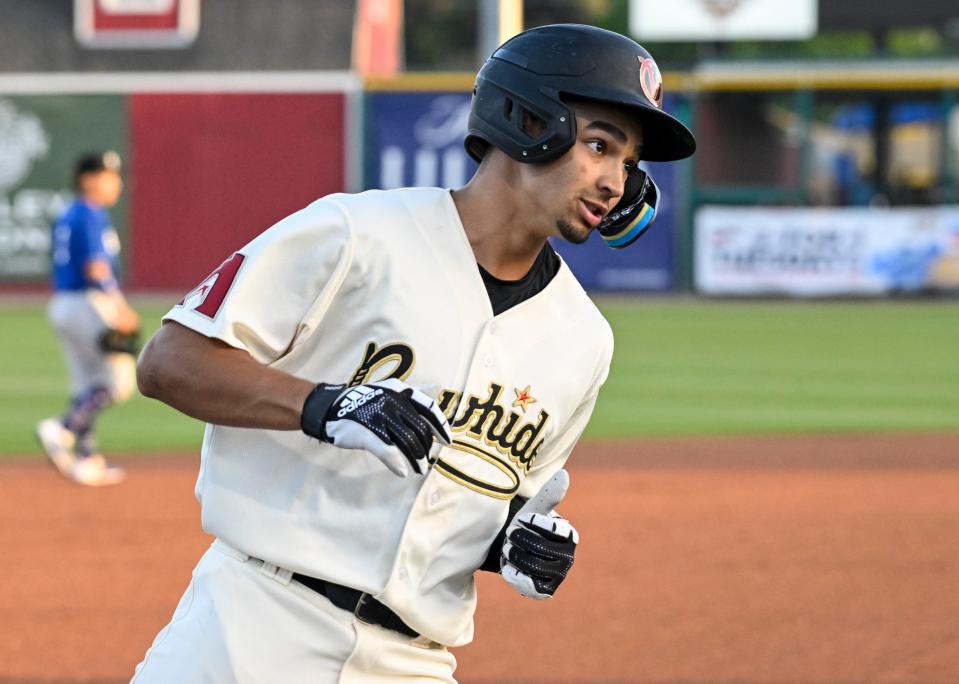 Visalia Rawhide's Jordan Lawlar rounds third Friday, April 8 on a home run against Rancho Cucamonga Quakes at Valley Strong Stadium.