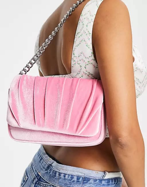 Asos Design Pink Velvet Shoulder Bag with Ruched Flap