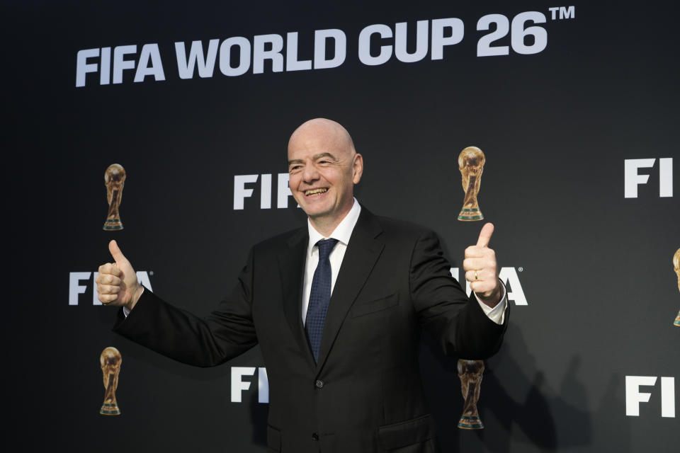 FIFA President Gianni Infantino arrives for a ceremony unveiling the official brand of the 2026 World Cup at the Griffith Observatory in Los Angeles Wednesday, May 17, 2023. (AP Photo/Jae C. Hong)