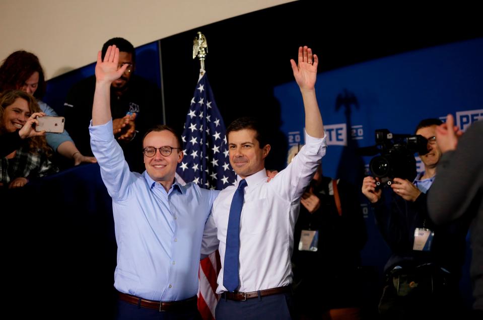 South Bend Mayor Pete Buttigieg with his husband Chasten Buttigieg in South Bend, Indiana, on April 14, 2019.