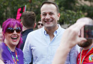 <p>Irish Prime Minister Leo Varadkar, smiles for a photo at the Belfast Pride march, Northern Ireland on Aug. 5, 2017. (Photo: Press Eye Ltd/REX/Shutterstock) </p>