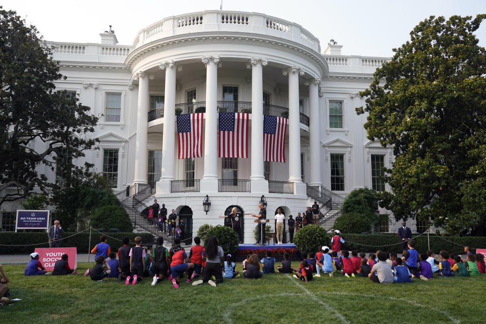 First lady Jill Biden speaks as she attends the Youth Soccer Clinic with Major League Soccer on the South Lawn of the White House, Monday, July 17, 2023 in Washington. (AP Photo/Manuel Balce Ceneta)