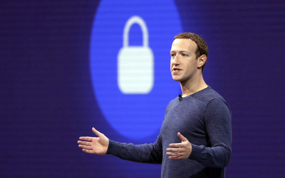 Facebook CEO Mark Zuckerberg delivers the keynote speech at F8, Facebook's developer conference in San Jose, Calif. in 2018. (Marcio Jose Sanchez/AP)