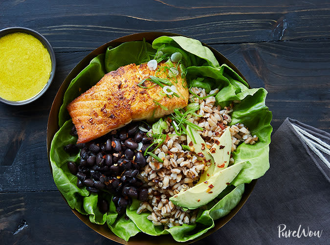 Salmon Bowl with Farro, Black Beans and Tahini Dressing