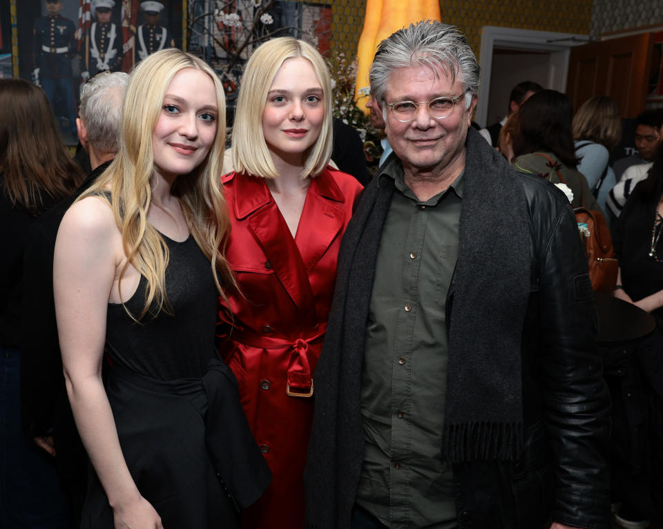 NEW YORK, NEW YORK - MARCH 26: (L-R) Dakota Fanning, Elle Fanning and Steven Zaillian attend Netflix's Ripley NY Tastemaker event at Crosby Street Hotel on March 26, 2024 in New York City. (Photo by Dimitrios Kambouris/Getty Images for Netflix)