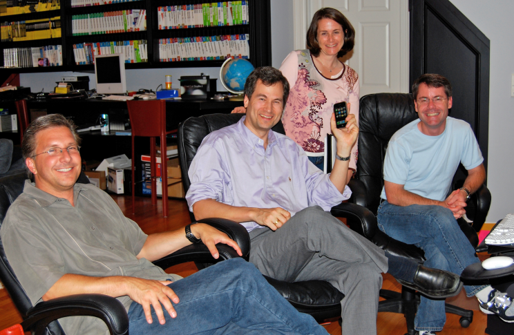 The day Apple reps delivered the iPhone to my home office. From left: Greg Jozwiak (now VP of iOS marketing at Apple); me; Nat Kerris (now at Edelman PR; and Bob Borchers (now at Dolby Labs).