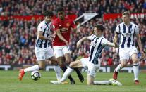 <p>Manchester United’s Marcus Rashford in action with West Bromwich Albion’s Claudio Yacob, Jonny Evans and Darren Fletcher </p>