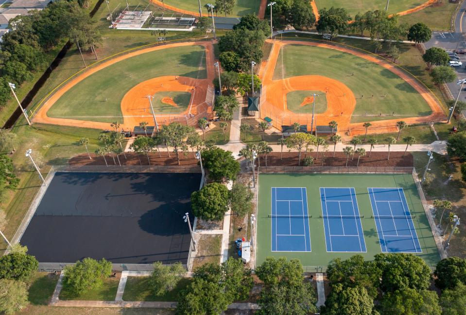 Eight pickleball courts, bottom left, were almost complete in April. They stand next to three refurbished tennis courts, right, at Jupiter Community Park.