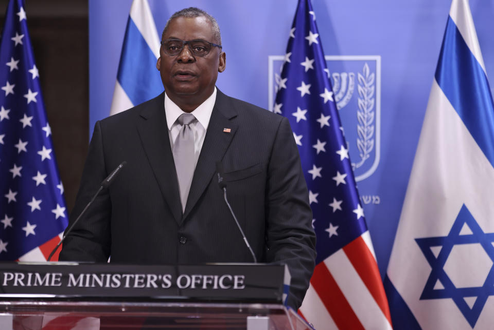 U.S. Defense Secretary Lloyd Austin and Israeli Prime Minister Benjamin Netanyahu give statements after their meeting, at the prime minister's office, in Jerusalem, Monday, April 12, 2021. (Menahem Kahana/Pool via AP)