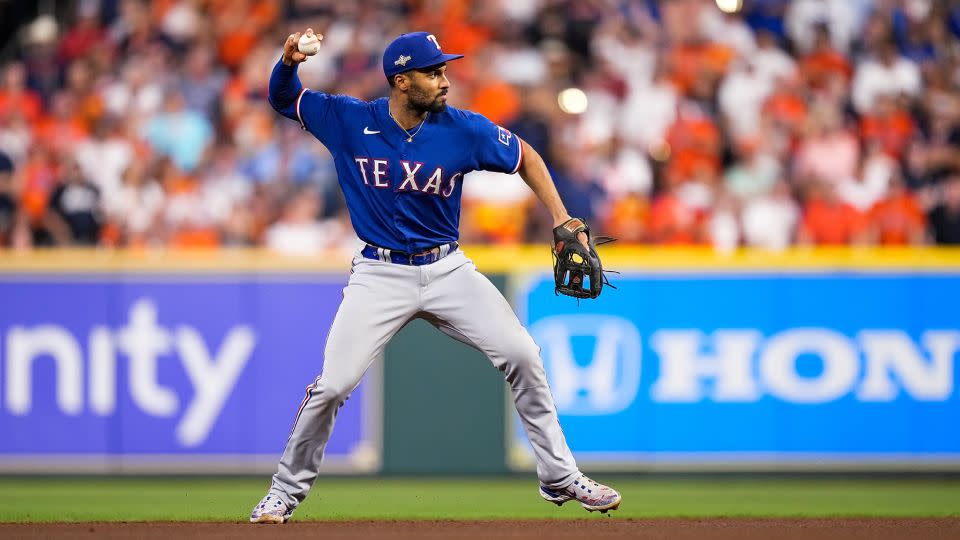 Marcus Semien, wearing the jersey of the Texas Rangers, during their Game 7 American League Championship Series win over the Houston Astros on October 23. - Bailey Orr/Texas Rangers/Getty Images