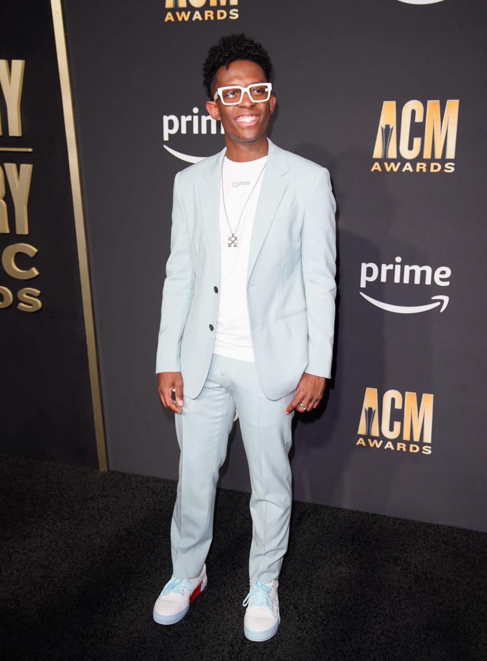 BRELAND arrives for the 2023 ACM Awards  in Frisco Texas.