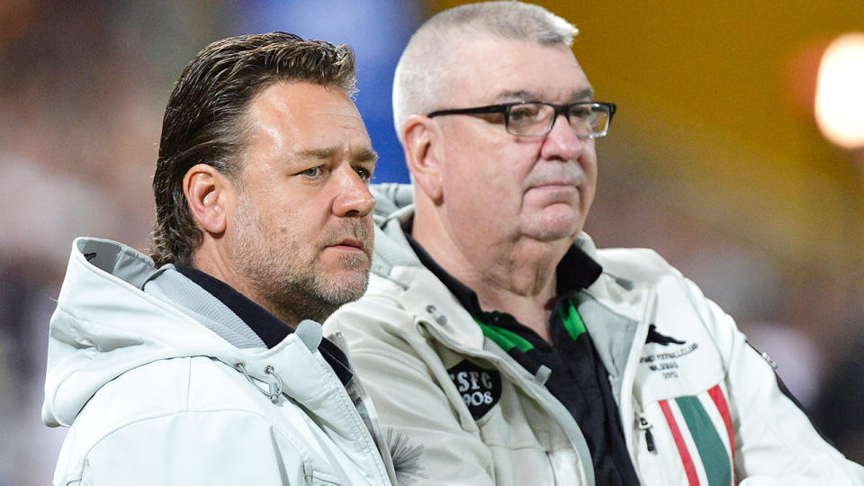 Russell Crowe and Shane Richardson, pictured here at a South Sydney game in 2016.