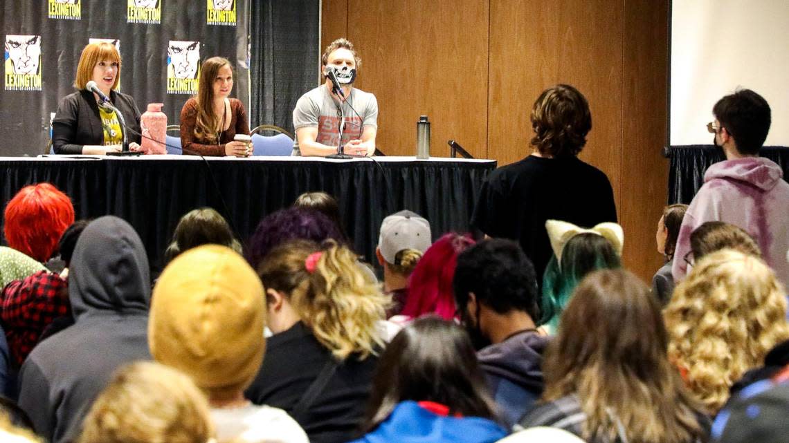 The cast of the TV show “My Hero Academia” participate in a panel Q&A with fans at the Lexington Comic and Toy Convention at the Central Bank Center in Lexington, Ky. on Sunday, March 27, 2022.