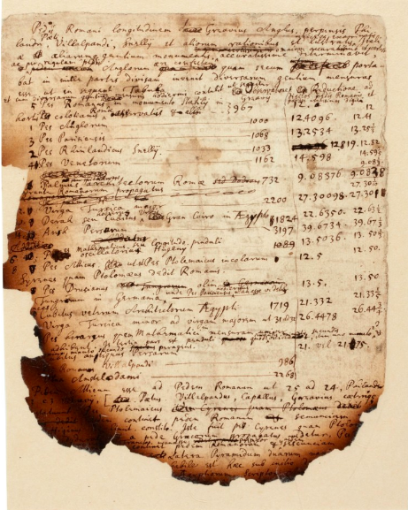 L'une des trois feuilles vendues par Sotheby's, en partie brûlée par la faute du chien d'Isaac Newton.