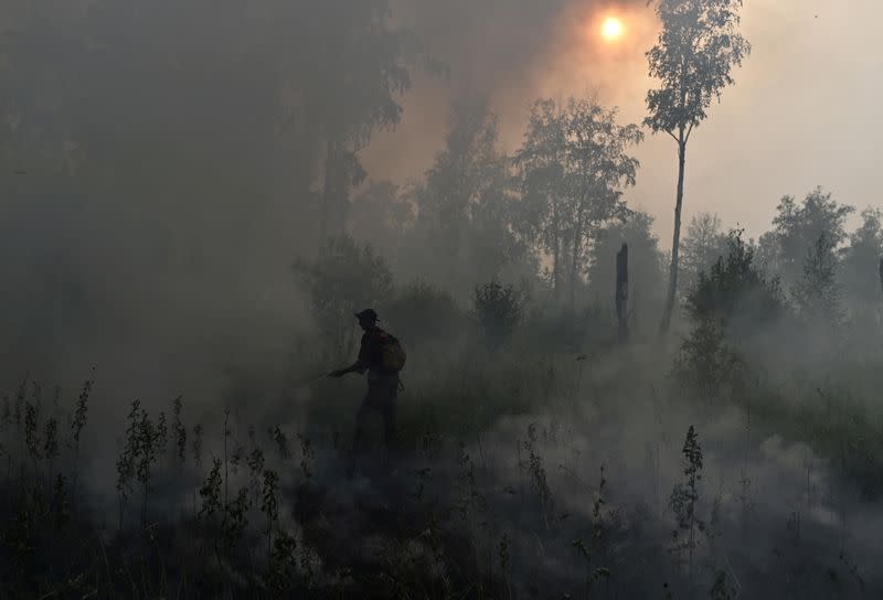 FILE PHOTO: Specialists put out a forest fire in Omsk Region