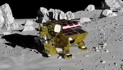 a gold rover rests on the moon surface