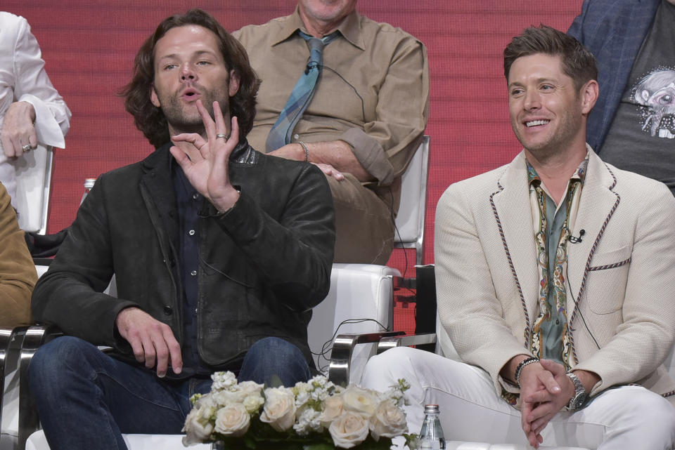 Jared Padalecki, left, and and Jensen Ackles participate in The CW "Supernatural: Final Season" panel during the Summer 2019 Television Critics Association Press Tour at the Beverly Hilton Hotel on Sunday, Aug. 4, 2019, in Beverly Hills, Calif. (Photo by Richard Shotwell/Invision/AP)