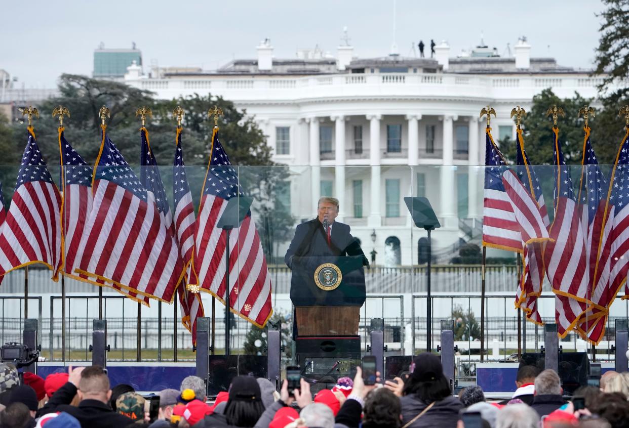 FILE - In this Jan. 6, 2021, file photo with the White House in the background, President Donald Trump speaks at a rally in Washington.