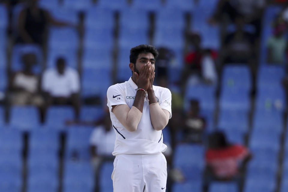 India's bowler Jasprit Bumrah reacts after a delivery against West Indies during day four of the first Test cricket match at the Sir Vivian Richards cricket ground in North Sound, Antigua and Barbuda, Sunday, Aug. 25, 2019. (AP Photo/Ricardo Mazalan)