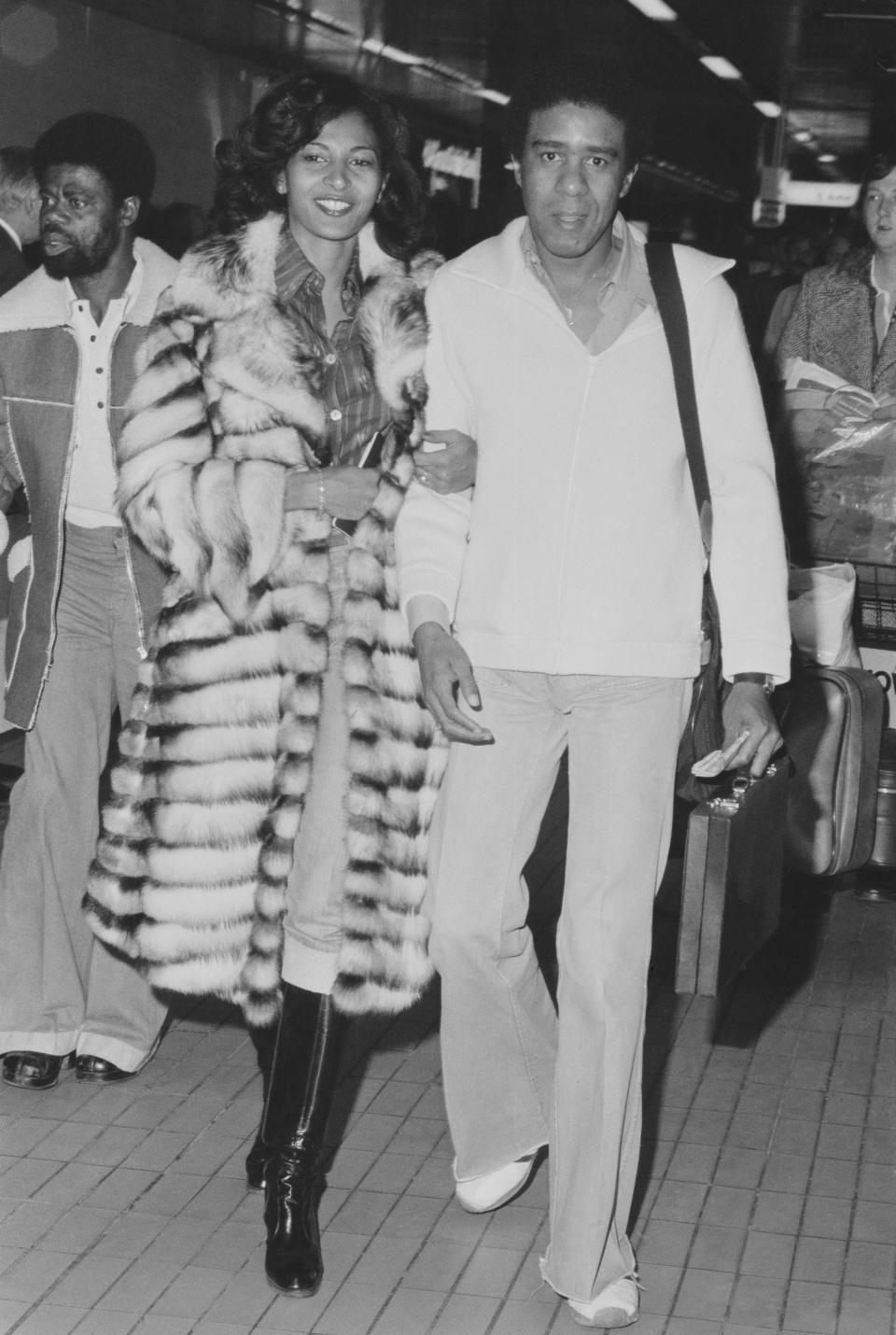 Pam Grier and Richard Pryor at Heathrow Airport, London, UK, April 1, 1977.