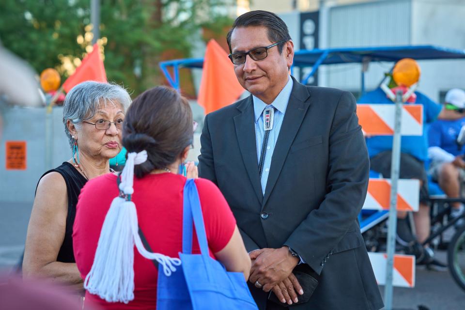 Navajo Nation President Jonathan Nez (right) during Indigenous Peoples' Day Phoenix Fest in downtown Phoenix on Oct. 10, 2022.