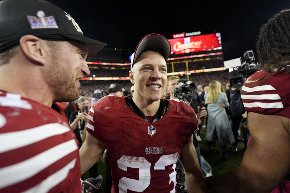 San Francisco 49ers running back Christian McCaffrey celebrates after their win against the Detroit Lions in the NFC Championship NFL football game in Santa Clara, Calif., Sunday, Jan. 28, 2024.(AP Photo/David J. Phillip)