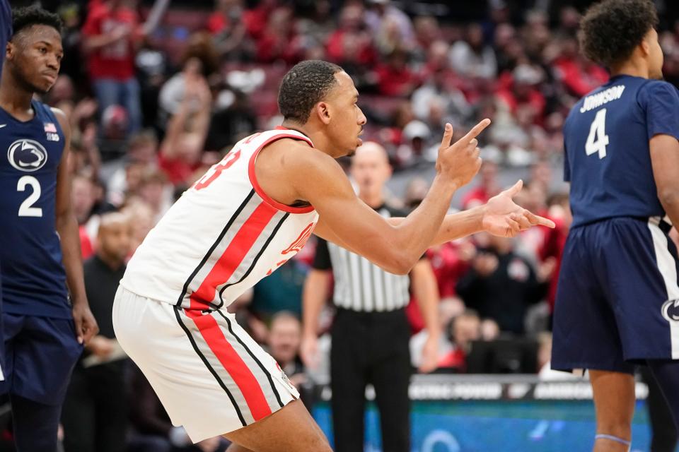 Jan 20, 2024; Columbus, Ohio, USA; Ohio State Buckeyes forward Zed Key (23) celebrates making a shot and drawing a foul during the second half of the NCAA men’s basketball game against the Penn State Nittany Lions at Value City Arena. Ohio State won 79-67.