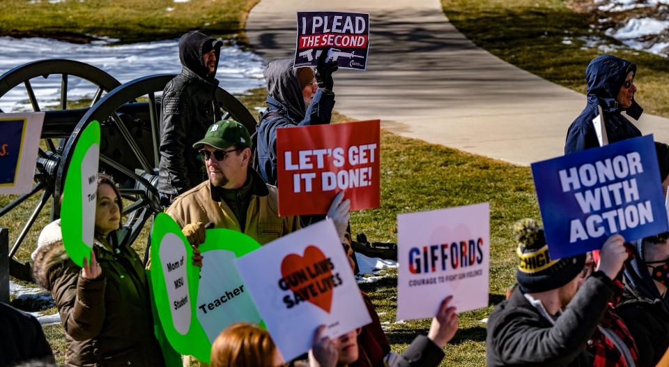 People attending the gun violence prevention rally at the Capitol were met with a handful of pro-Second Amendment protesters Wednesday, Mar. 15, 2023.