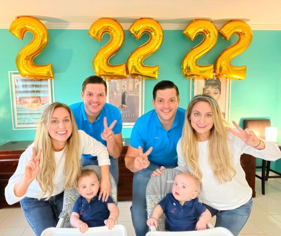 The Salyers twins, Josh, Jeremy, Brittany and Briana, celebrate 2-22-22 with their children, Jax and Jett.
