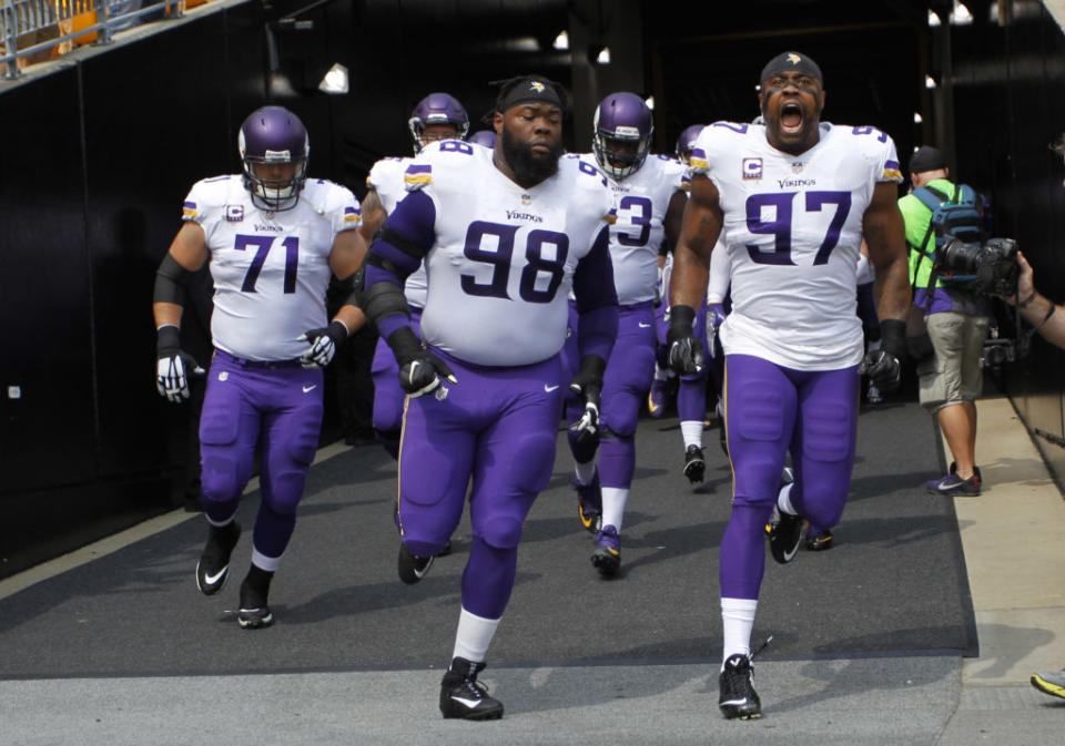 Sep 17, 2017; Pittsburgh, PA, USA; Minnesota Vikings offensive tackle Riley Reiff (71) and defensive tackle Linval Joseph (98) and defensive end Everson Griffen (97) take the field against the Pittsburgh Steelers during the first quarter at Heinz Field. The Steelers won 26-9. Mandatory Credit: Charles LeClaire-USA TODAY Sports