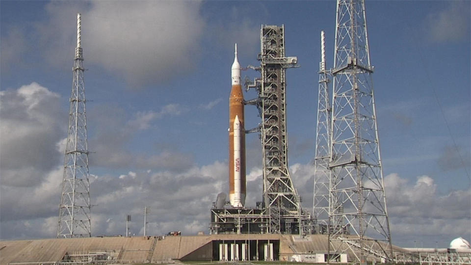 With Hurricane Ian bearing down on Florida's west coast, engineers readied the Space Launch System moon rocket for roll back to the protection of the Vehicle Assembly Building Monday to move it out of harm's way with torrential rain, lightning and high winds expected later this week.  / Credit: NASA