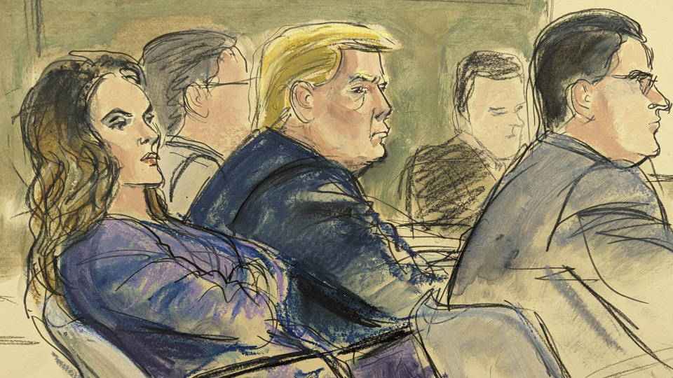 In this courtroom sketch, former President Donald Trump, center, listens to testimony while flanked by his defense team during his civil business fraud trial in New York Supreme Court, Tuesday, Oct. 24, 2023, in New York. (Elizabeth Williams via AP)