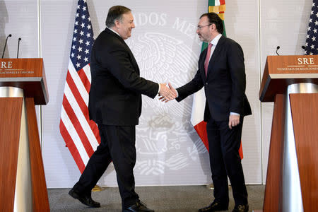 US Secretary of State Mike Pompeo and Mexico's Foreign Affairs Minister Luis Videgaray Caso shake hands after making statements during a news conference at the Ministry of Foreign Affairs in Mexico City, Mexico October 19, 2018 Brendan Smialowski/Pool via REUTERS