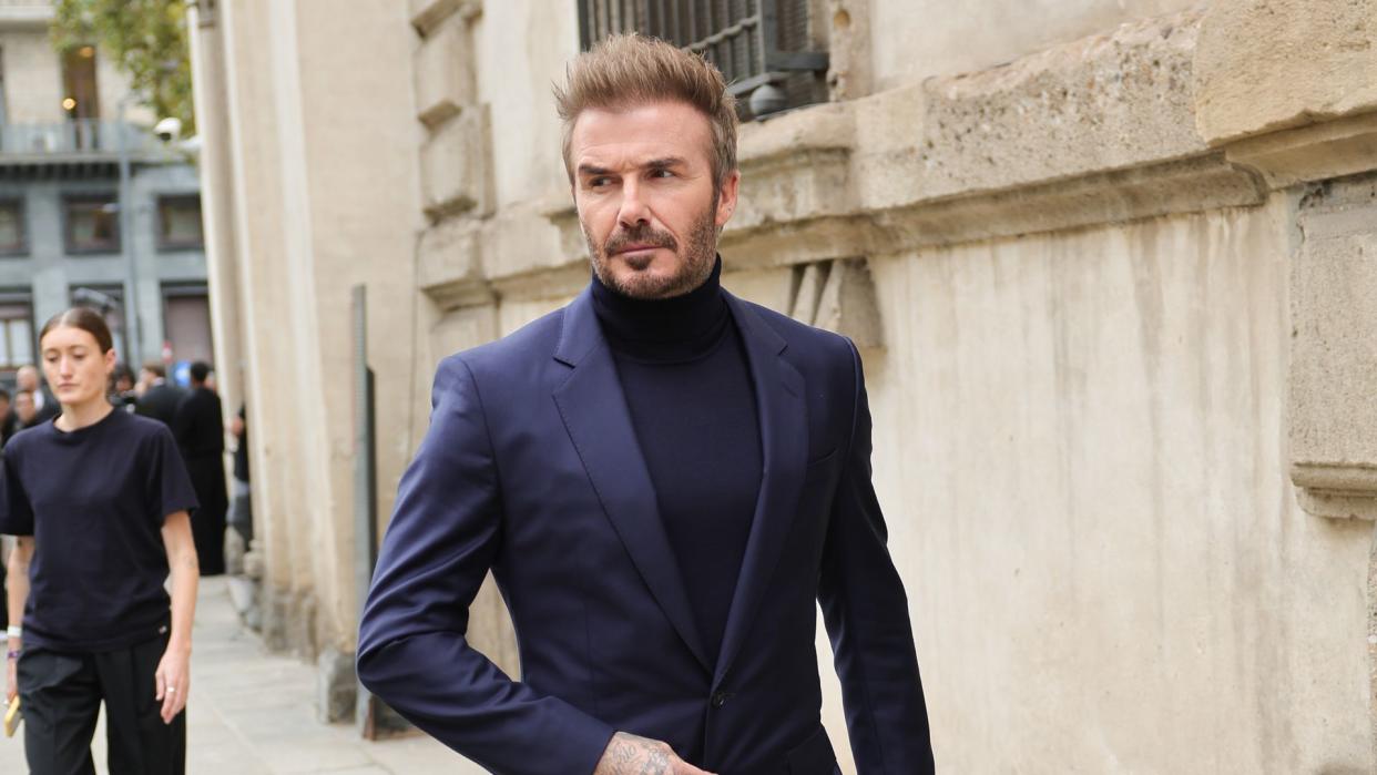 David Beckham arrives at the Boss fashion show during the Milan Womenswear Spring/Summer 2025 on September 18, 2024 in Milan, Italy.