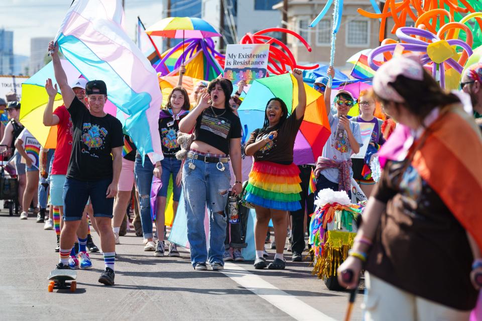 Phoenix Pride's 2022 organization grand marshal, One-N-Ten, travels down Third Street with the Pride Parade on Oct. 16, 2022. One-N-Ten is a 501(c)(3) nonprofit that provides resources and community for LGBTQ+ youth.